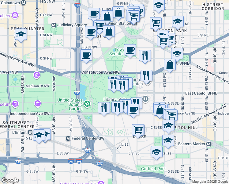 map of restaurants, bars, coffee shops, grocery stores, and more near in Washington