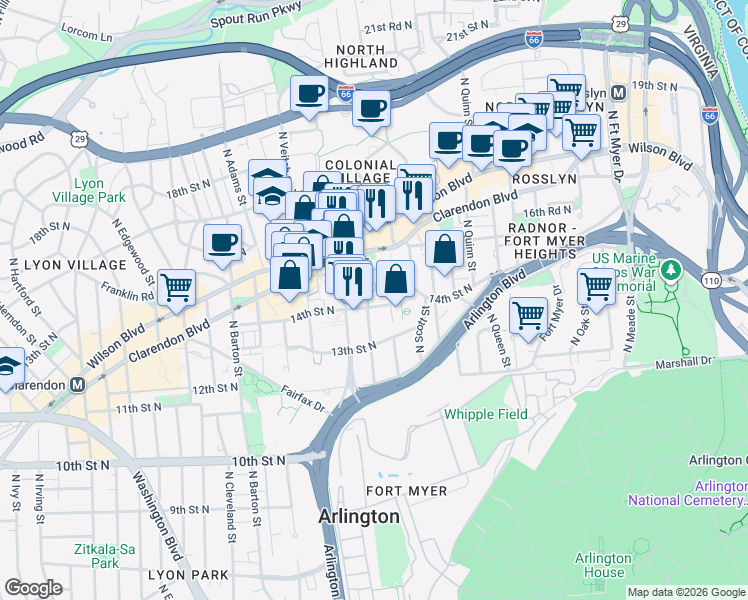 map of restaurants, bars, coffee shops, grocery stores, and more near 101 Independence Avenue Southeast in Washington