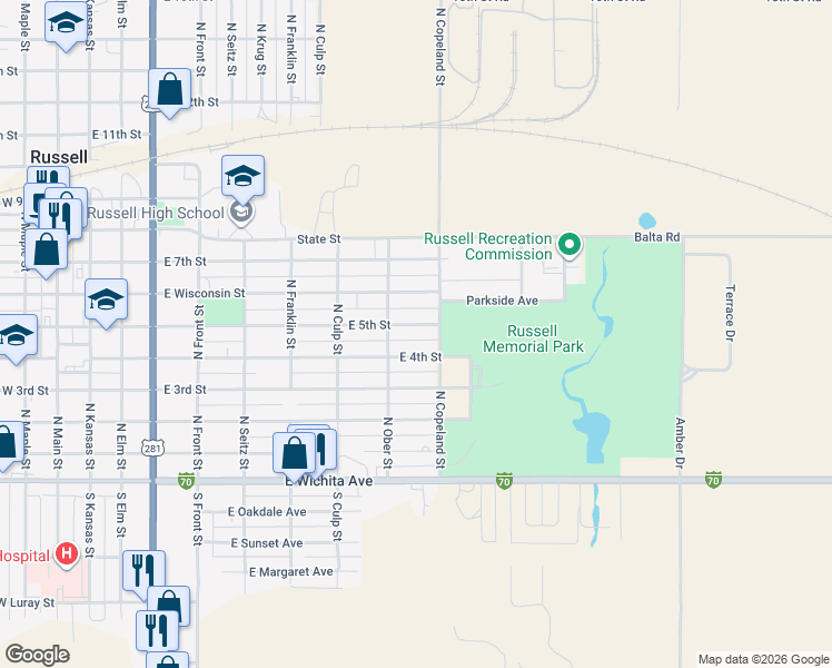 map of restaurants, bars, coffee shops, grocery stores, and more near in Russell