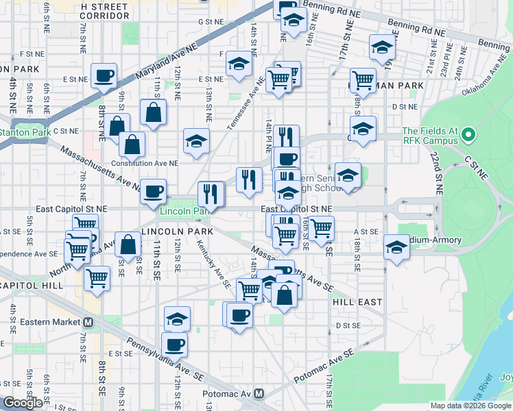 map of restaurants, bars, coffee shops, grocery stores, and more near 101 Independence Avenue Southeast in Washington