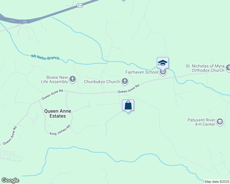 map of restaurants, bars, coffee shops, grocery stores, and more near Queen Anne Road in Upper Marlboro