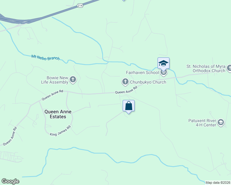 map of restaurants, bars, coffee shops, grocery stores, and more near Queen Anne Road in Upper Marlboro