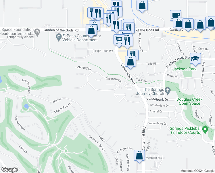 map of restaurants, bars, coffee shops, grocery stores, and more near 1335 Hamstead Court in Colorado Springs