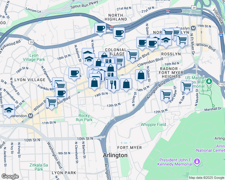 map of restaurants, bars, coffee shops, grocery stores, and more near 1425 North Courthouse Road in Arlington