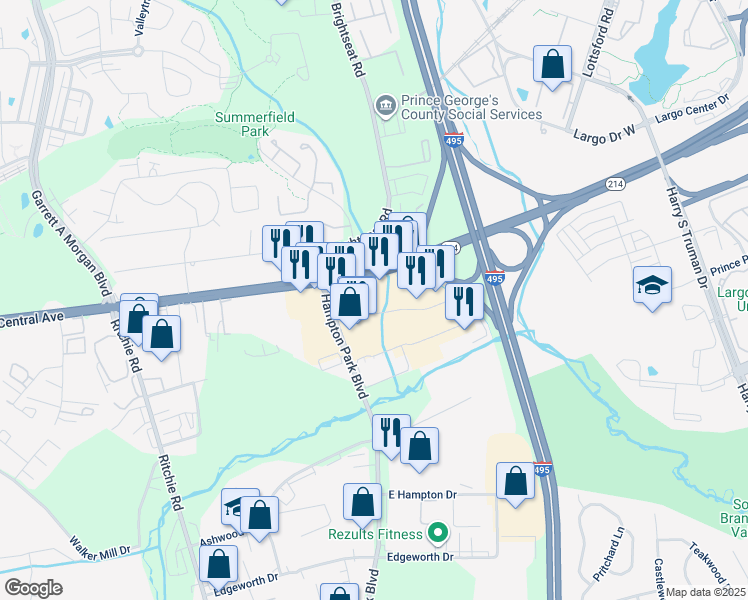 map of restaurants, bars, coffee shops, grocery stores, and more near 8850 Hampton Mall Drive North in Capitol Heights