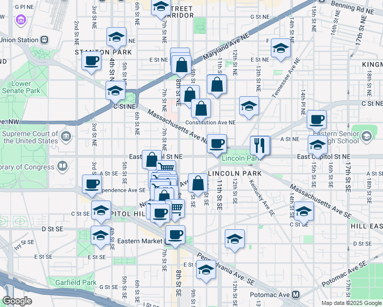map of restaurants, bars, coffee shops, grocery stores, and more near 101 Independence Avenue Southeast in Washington