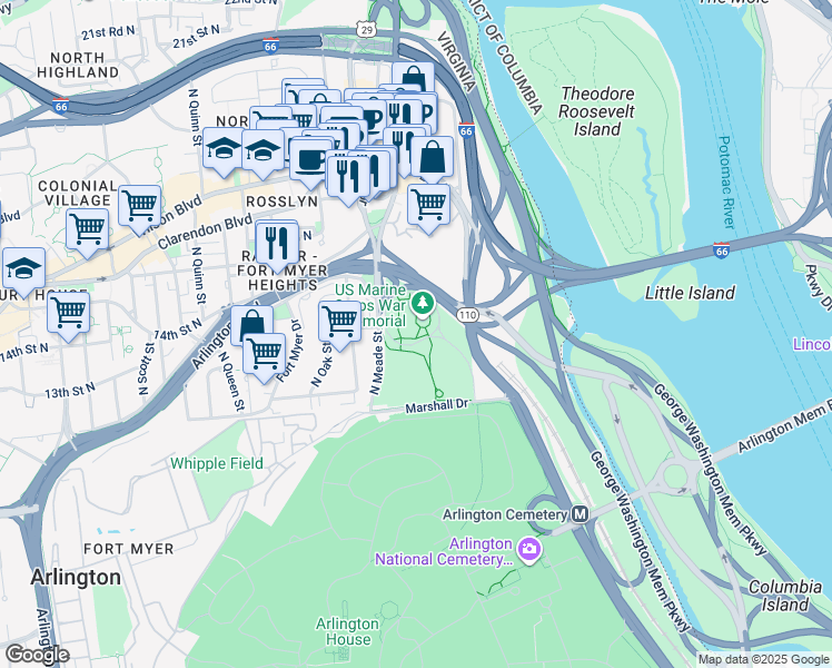 map of restaurants, bars, coffee shops, grocery stores, and more near in Arlington