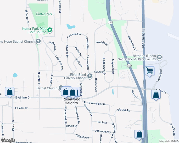 map of restaurants, bars, coffee shops, grocery stores, and more near 204 East Airwood Drive in East Alton