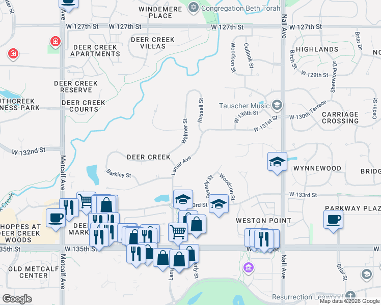 map of restaurants, bars, coffee shops, grocery stores, and more near 13111 Walmer Street in Overland Park