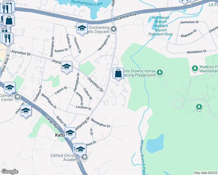 map of restaurants, bars, coffee shops, grocery stores, and more near 9 Barberry Court in Upper Marlboro