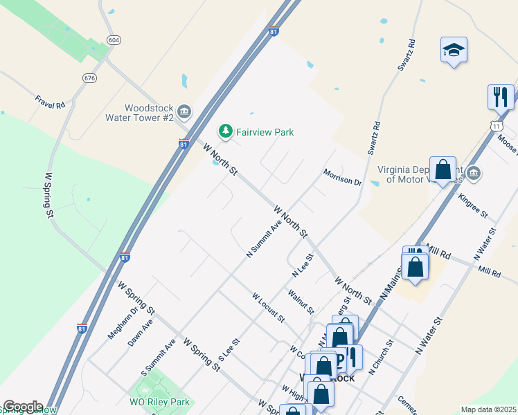 map of restaurants, bars, coffee shops, grocery stores, and more near 621 West North Street in Woodstock