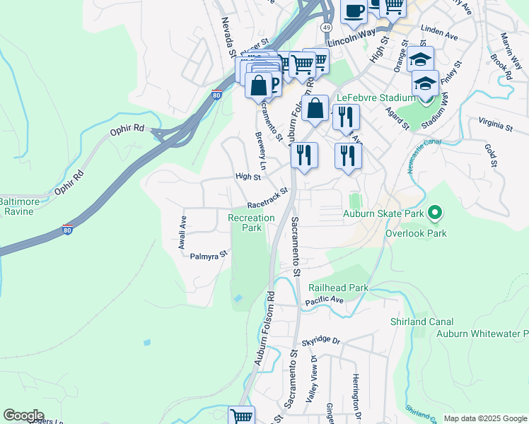 map of restaurants, bars, coffee shops, grocery stores, and more near 247 Racetrack Street in Auburn