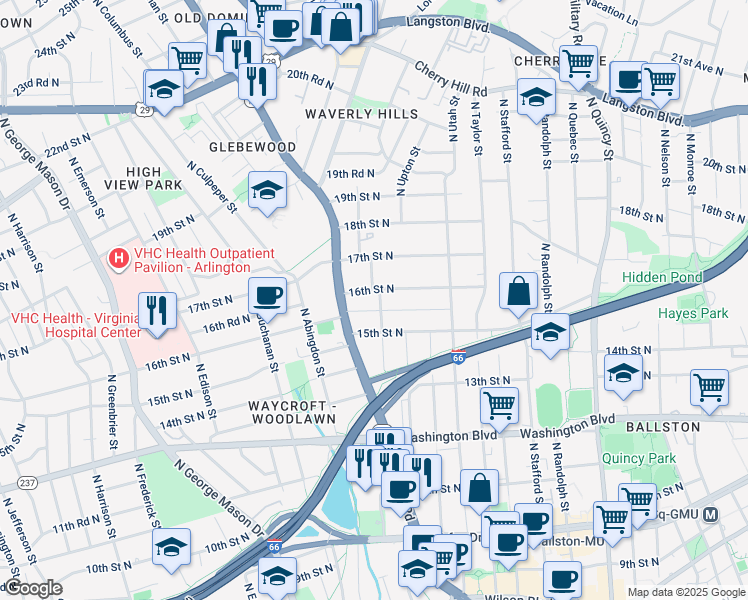 map of restaurants, bars, coffee shops, grocery stores, and more near 1528 North Wakefield Street in Arlington