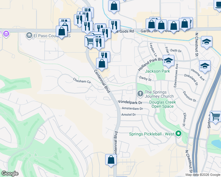 map of restaurants, bars, coffee shops, grocery stores, and more near 4094 Star View in Colorado Springs