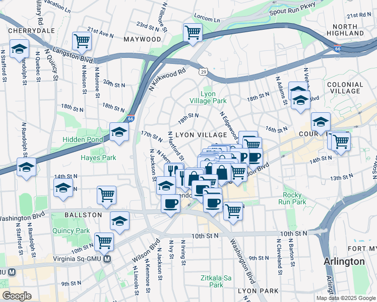 map of restaurants, bars, coffee shops, grocery stores, and more near 1512 North Hancock Street in Arlington