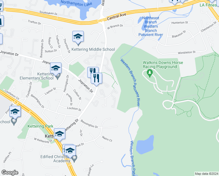 map of restaurants, bars, coffee shops, grocery stores, and more near 11451 Abbottswood Court in Upper Marlboro