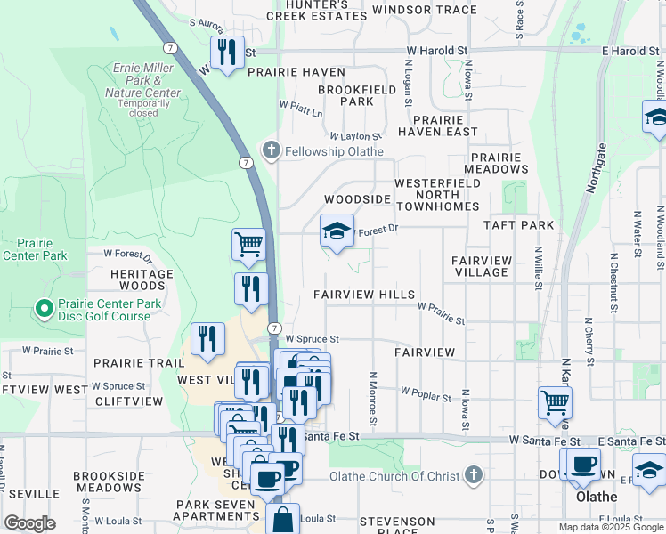 map of restaurants, bars, coffee shops, grocery stores, and more near 600 North Marion Street in Olathe