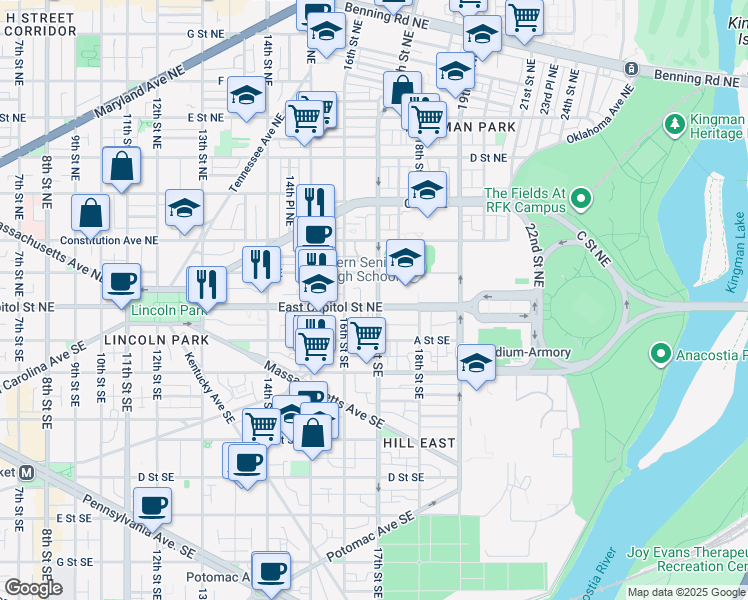 map of restaurants, bars, coffee shops, grocery stores, and more near 16 17th Street Northeast in Washington