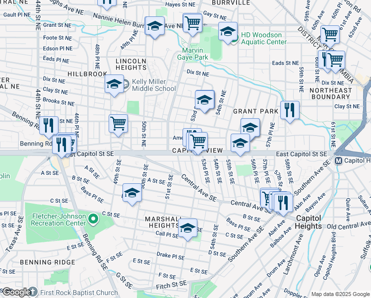 map of restaurants, bars, coffee shops, grocery stores, and more near 5218 East Capitol Street Northeast in Washington