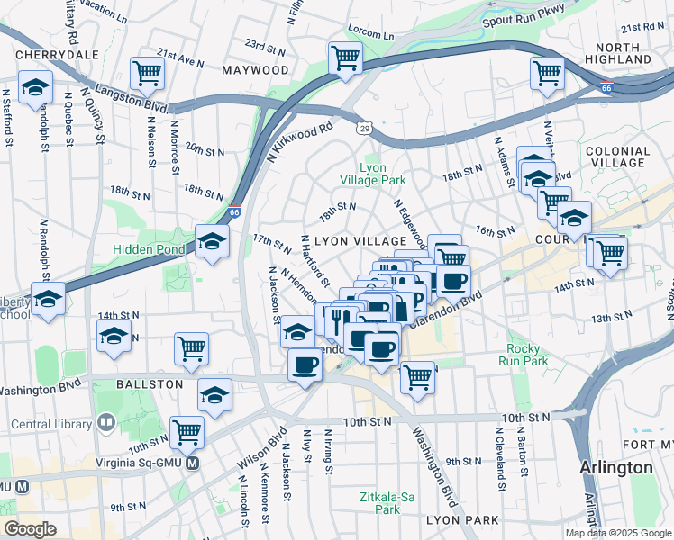 map of restaurants, bars, coffee shops, grocery stores, and more near 1512 North Hancock Street in Arlington