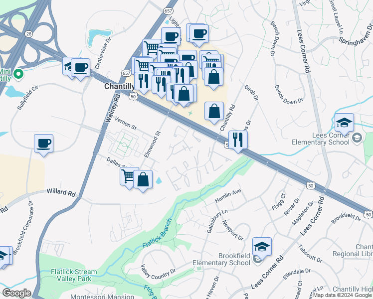 map of restaurants, bars, coffee shops, grocery stores, and more near 4133 Meadowland Court in Chantilly