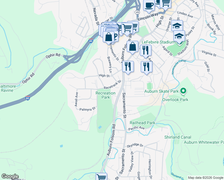 map of restaurants, bars, coffee shops, grocery stores, and more near 245 Racetrack Street in Auburn