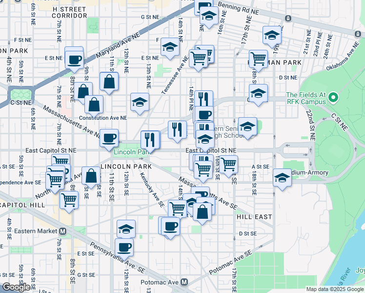 map of restaurants, bars, coffee shops, grocery stores, and more near 101 Independence Avenue Southeast in Washington