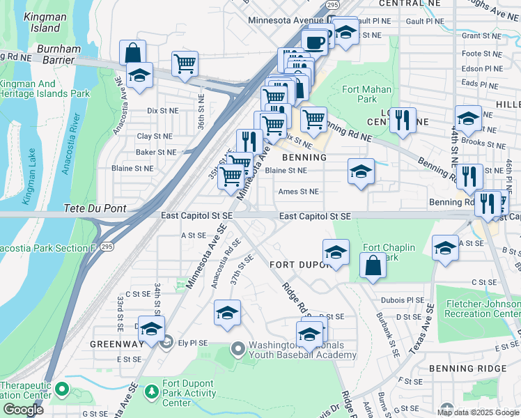 map of restaurants, bars, coffee shops, grocery stores, and more near 3800 East Capitol Street Northeast in Washington