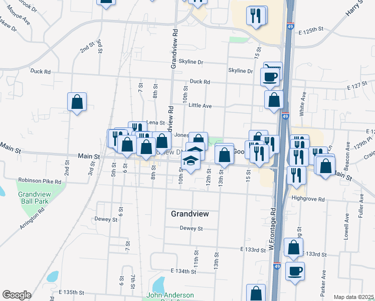 map of restaurants, bars, coffee shops, grocery stores, and more near 12911 10th Street in Grandview