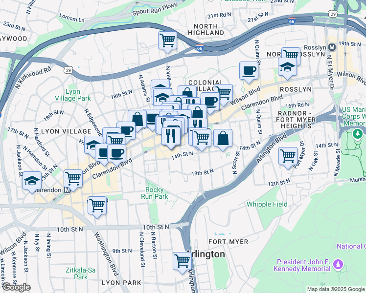 map of restaurants, bars, coffee shops, grocery stores, and more near 2150 Clarendon Boulevard in Arlington