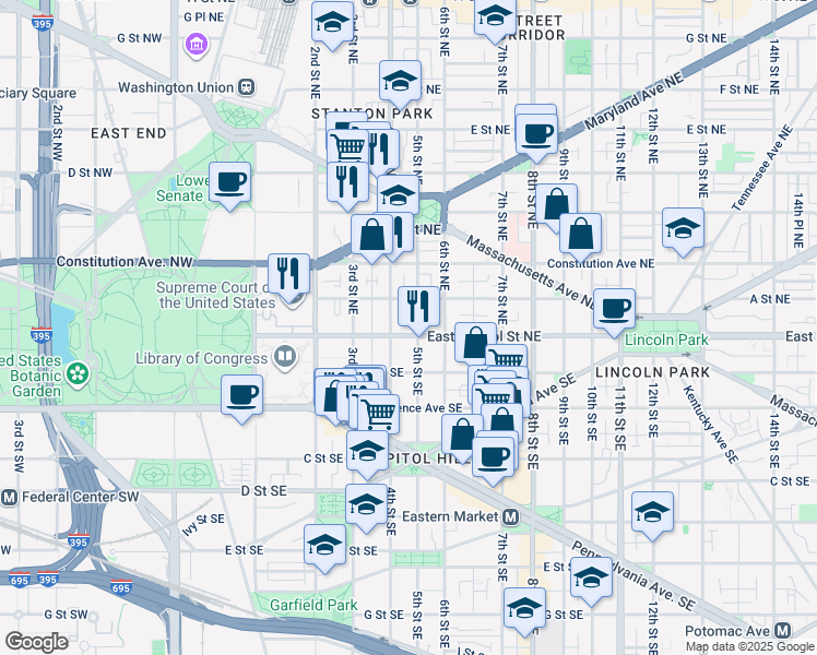 map of restaurants, bars, coffee shops, grocery stores, and more near 418 East Capitol Street Northeast in Washington