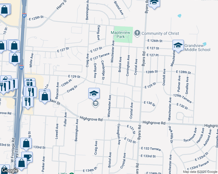 map of restaurants, bars, coffee shops, grocery stores, and more near 6913 East 129th Street in Grandview