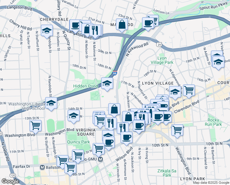 map of restaurants, bars, coffee shops, grocery stores, and more near 1610 North Kirkwood Road in Arlington