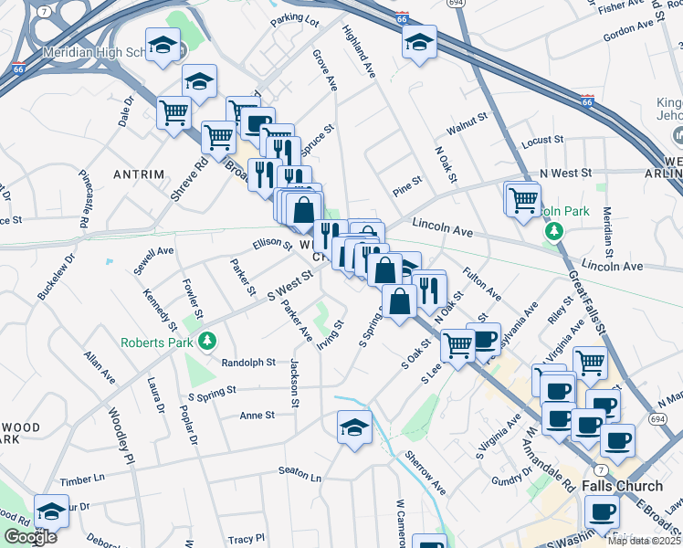 map of restaurants, bars, coffee shops, grocery stores, and more near 929 West Broad Street in Falls Church