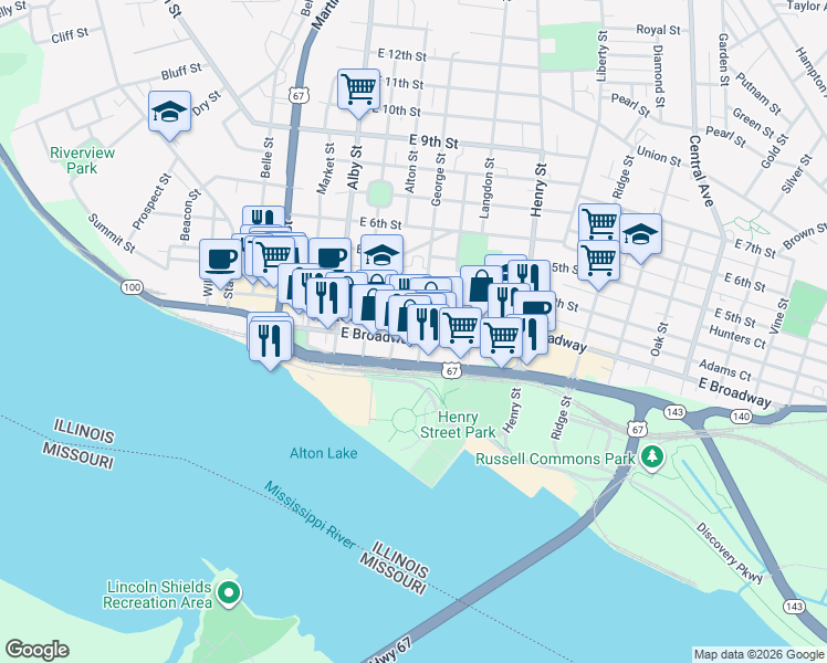 map of restaurants, bars, coffee shops, grocery stores, and more near 315 East 3rd Street in Alton