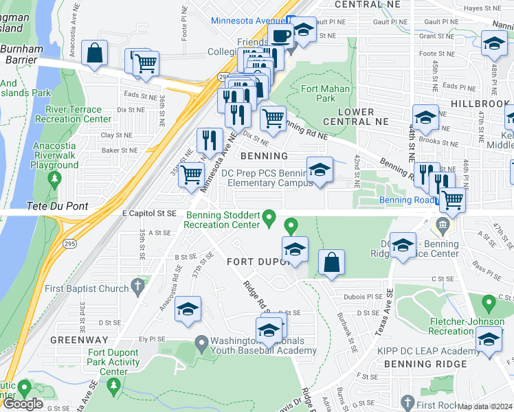 map of restaurants, bars, coffee shops, grocery stores, and more near 3936 East Capitol Street Northeast in Washington