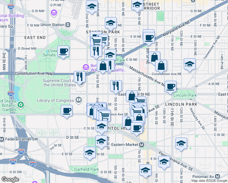 map of restaurants, bars, coffee shops, grocery stores, and more near 101 Independence Avenue Southeast in Washington