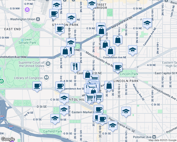 map of restaurants, bars, coffee shops, grocery stores, and more near 634 East Capitol Street Northeast in Washington