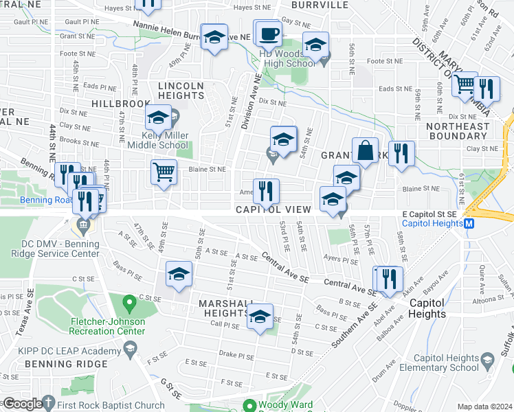 map of restaurants, bars, coffee shops, grocery stores, and more near 5218 East Capitol Street Northeast in Washington