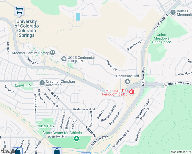 map of restaurants, bars, coffee shops, grocery stores, and more near 14 Cragmor Village Road in Colorado Springs