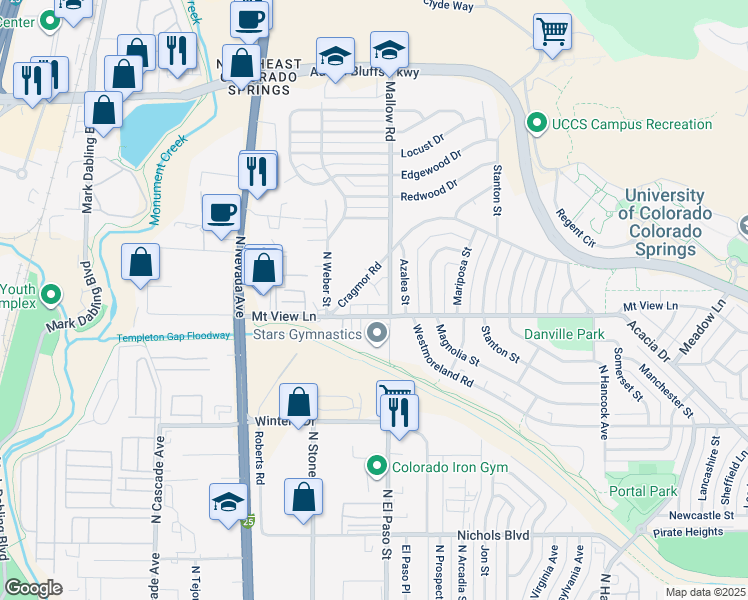 map of restaurants, bars, coffee shops, grocery stores, and more near 325 Cragmor Road in Colorado Springs