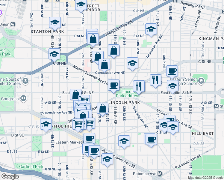map of restaurants, bars, coffee shops, grocery stores, and more near 101 Independence Avenue Southeast in Washington
