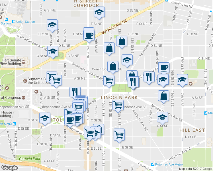 map of restaurants, bars, coffee shops, grocery stores, and more near 101 Independence Avenue Southeast in Washington
