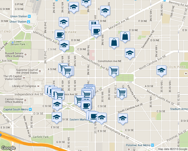 map of restaurants, bars, coffee shops, grocery stores, and more near 101 Independence Avenue Southeast in Washington