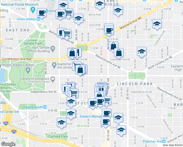map of restaurants, bars, coffee shops, grocery stores, and more near 101 Independence Avenue Southeast in Washington