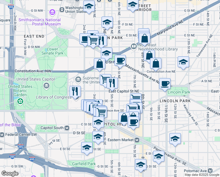 map of restaurants, bars, coffee shops, grocery stores, and more near 101 Independence Avenue Southeast in Washington