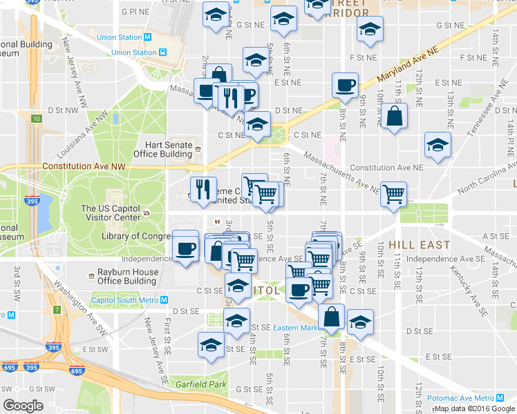 map of restaurants, bars, coffee shops, grocery stores, and more near 101 Independence Avenue Southeast in Washington