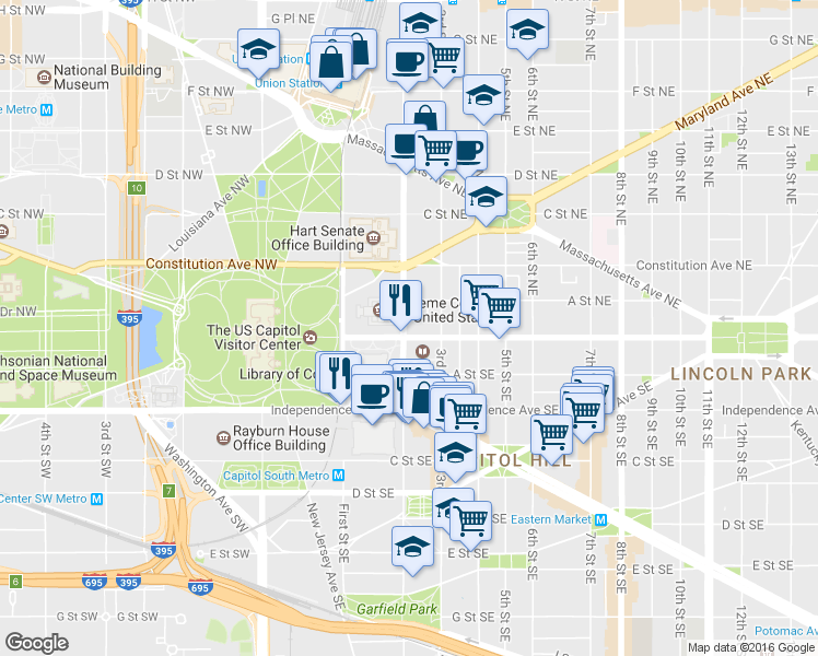 map of restaurants, bars, coffee shops, grocery stores, and more near 101 Independence Avenue Southeast in Washington