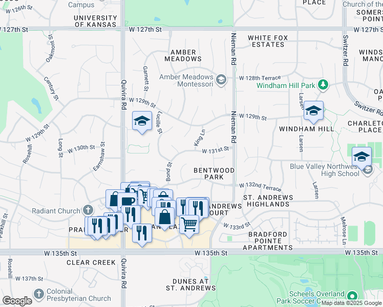map of restaurants, bars, coffee shops, grocery stores, and more near 13011 King Lane in Overland Park