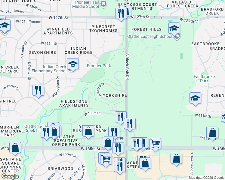 map of restaurants, bars, coffee shops, grocery stores, and more near 15116 West 132nd Street in Olathe